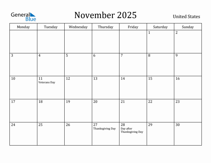 November 2025 - United States Monthly Calendar with Holidays
