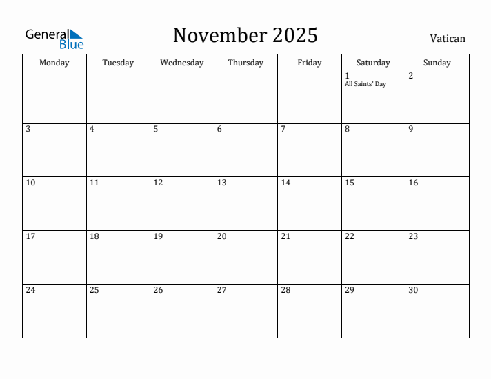 November 2025 Vatican Monthly Calendar with Holidays