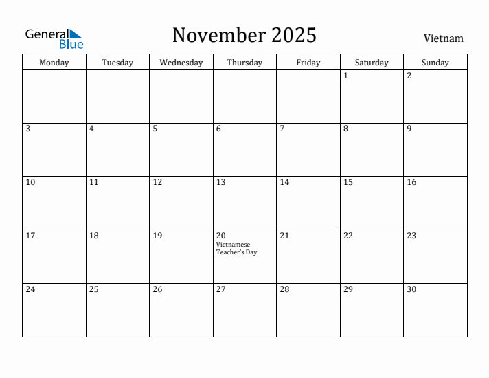 November 2025 Calendar Vietnam