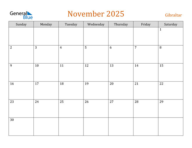 Gibraltar November 2025 Calendar with Holidays