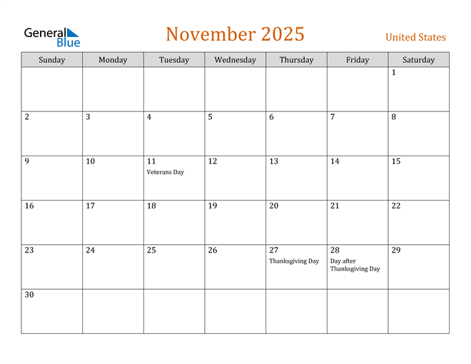 November 2025 Calendar with United States Holidays