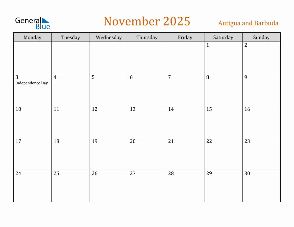 Free November 2025 Antigua and Barbuda Calendar