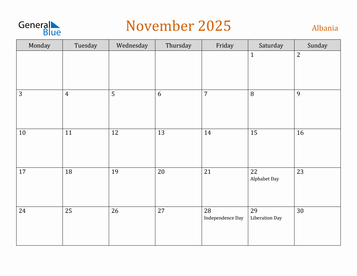 Free November 2025 Albania Calendar