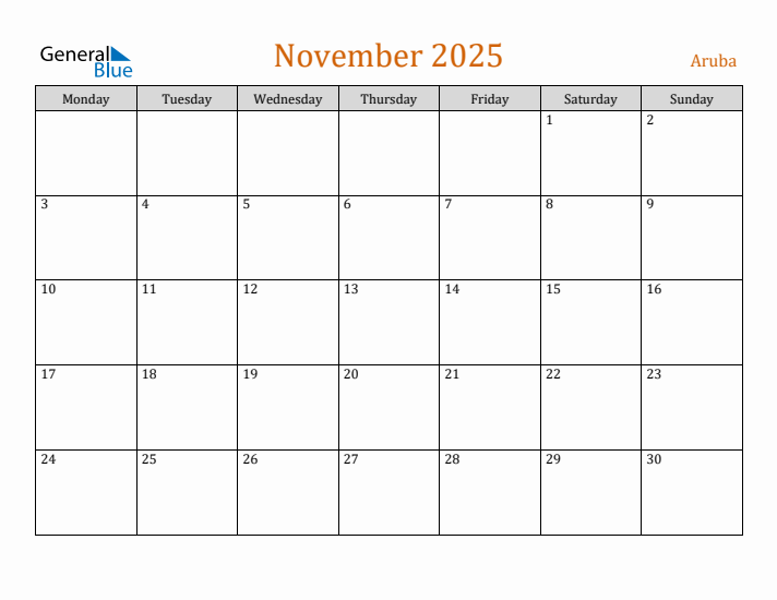 Free November 2025 Aruba Calendar