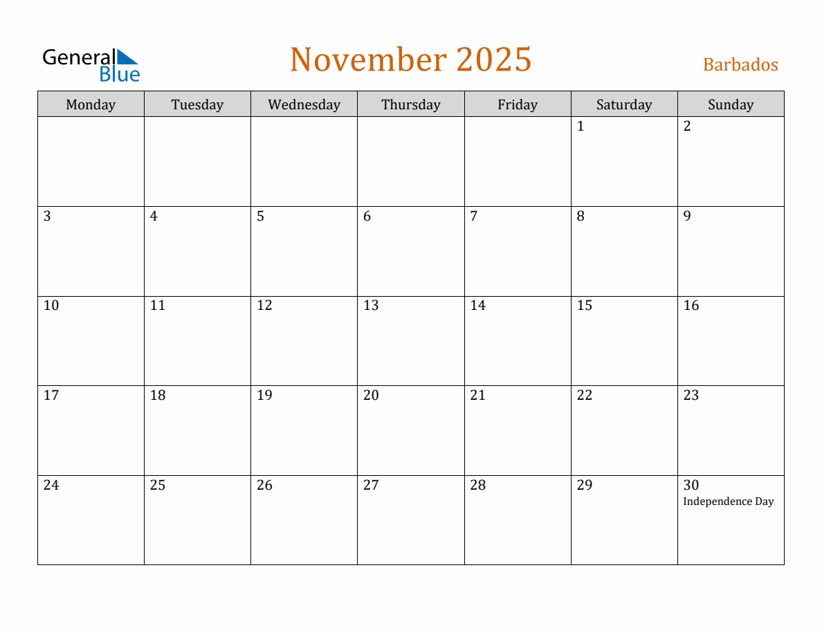 Free November 2025 Barbados Calendar