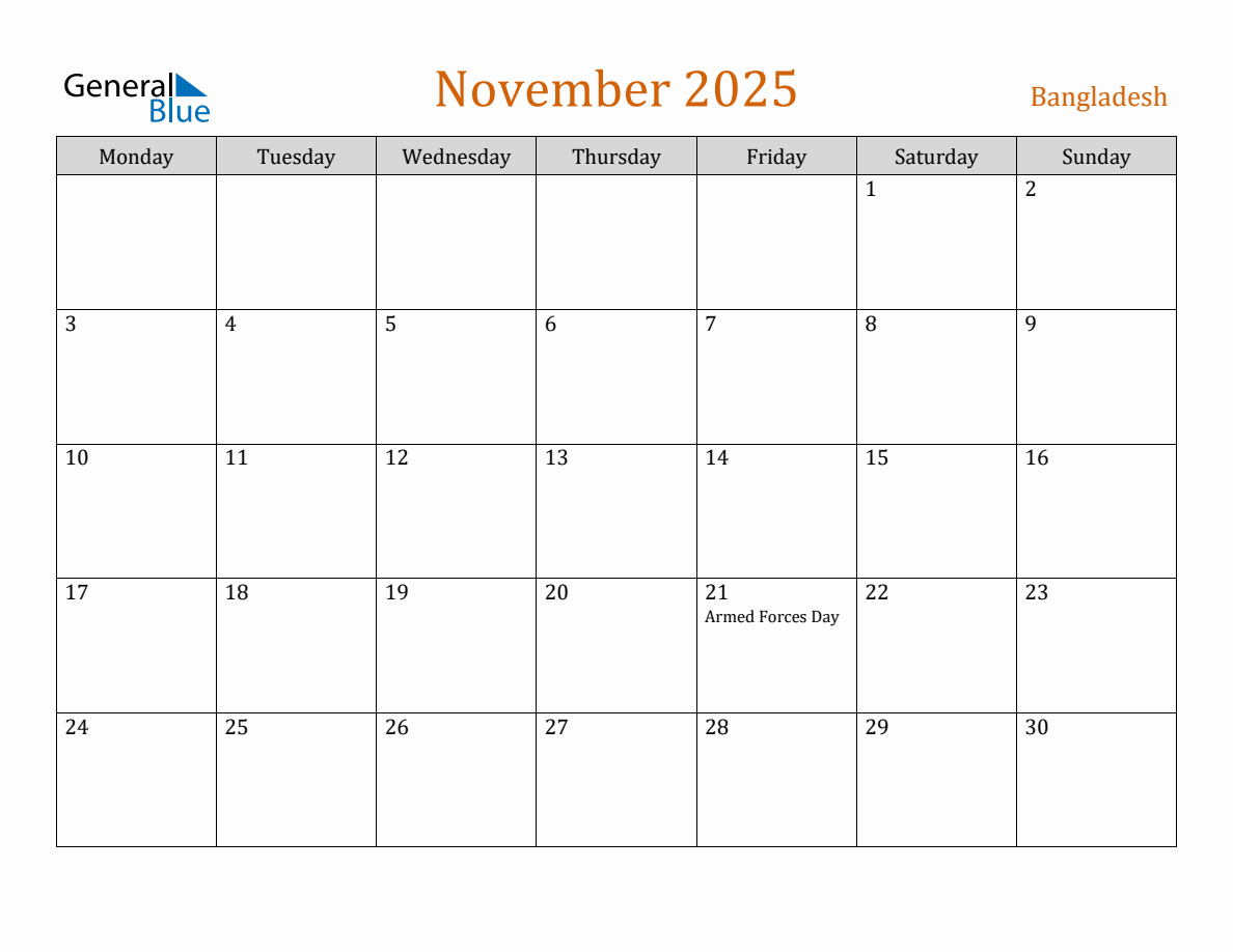 Free November 2025 Bangladesh Calendar