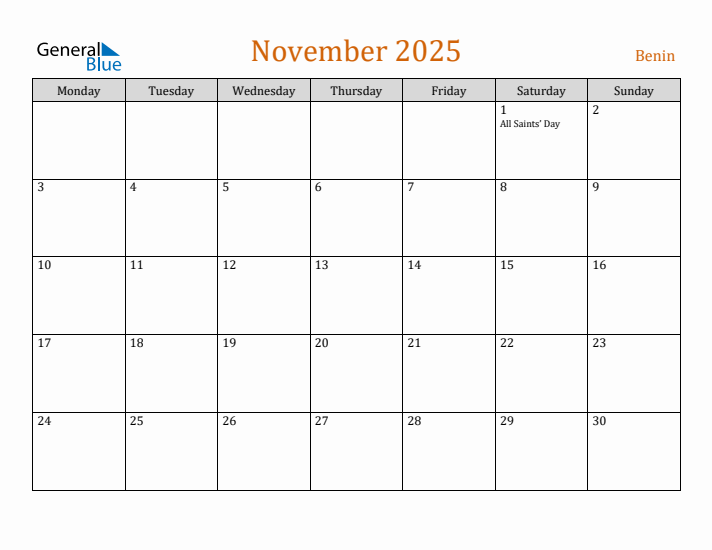 Free November 2025 Benin Calendar