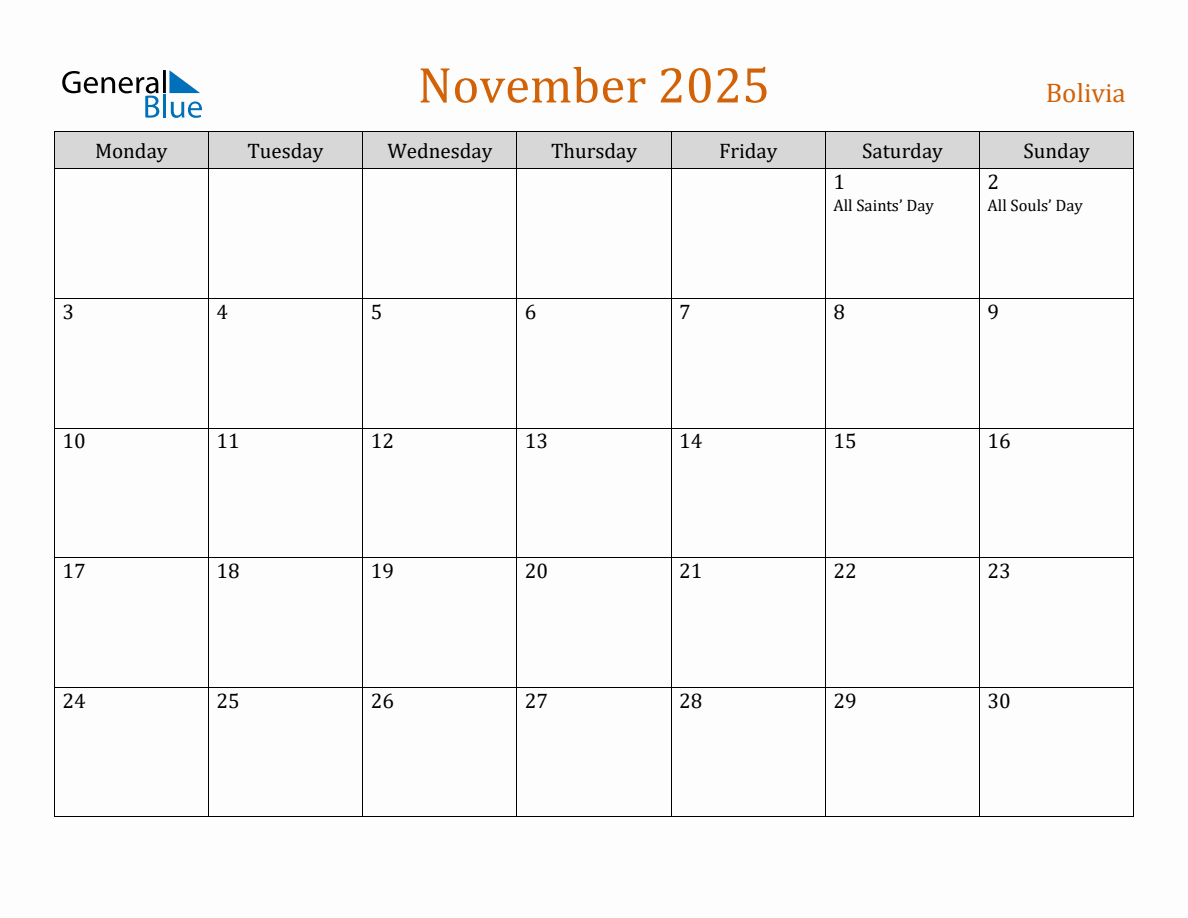 Free November 2025 Bolivia Calendar