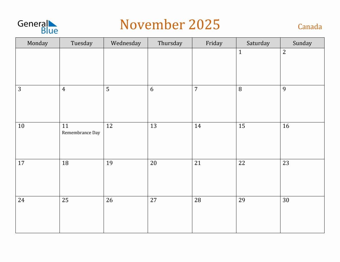 Free November 2025 Canada Calendar