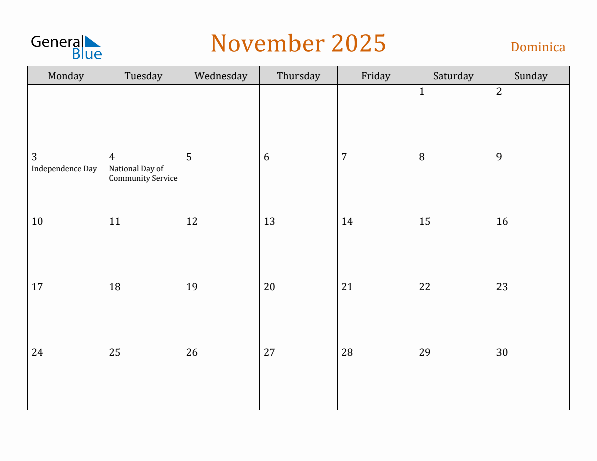 Free November 2025 Dominica Calendar