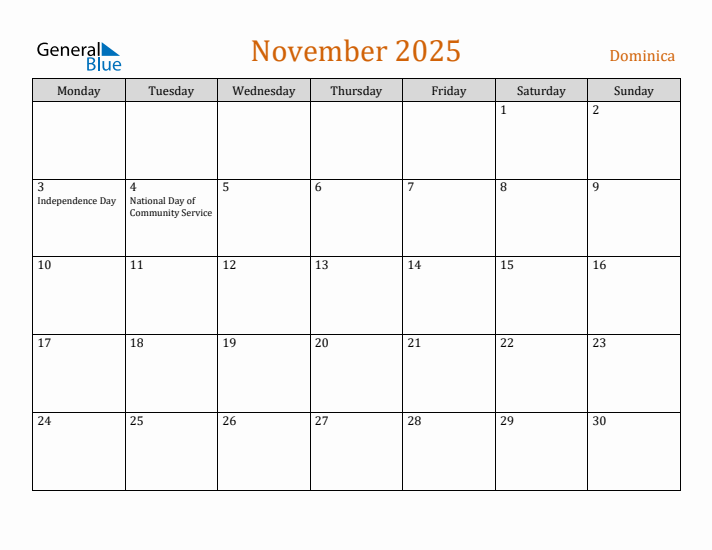 November 2025 Holiday Calendar with Monday Start