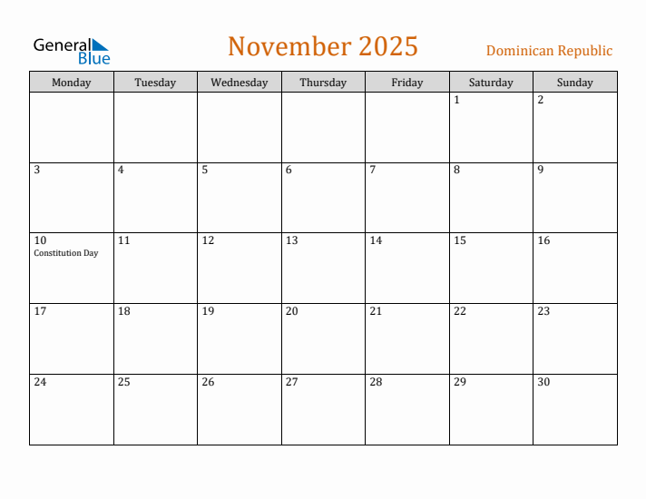 November 2025 Holiday Calendar with Monday Start