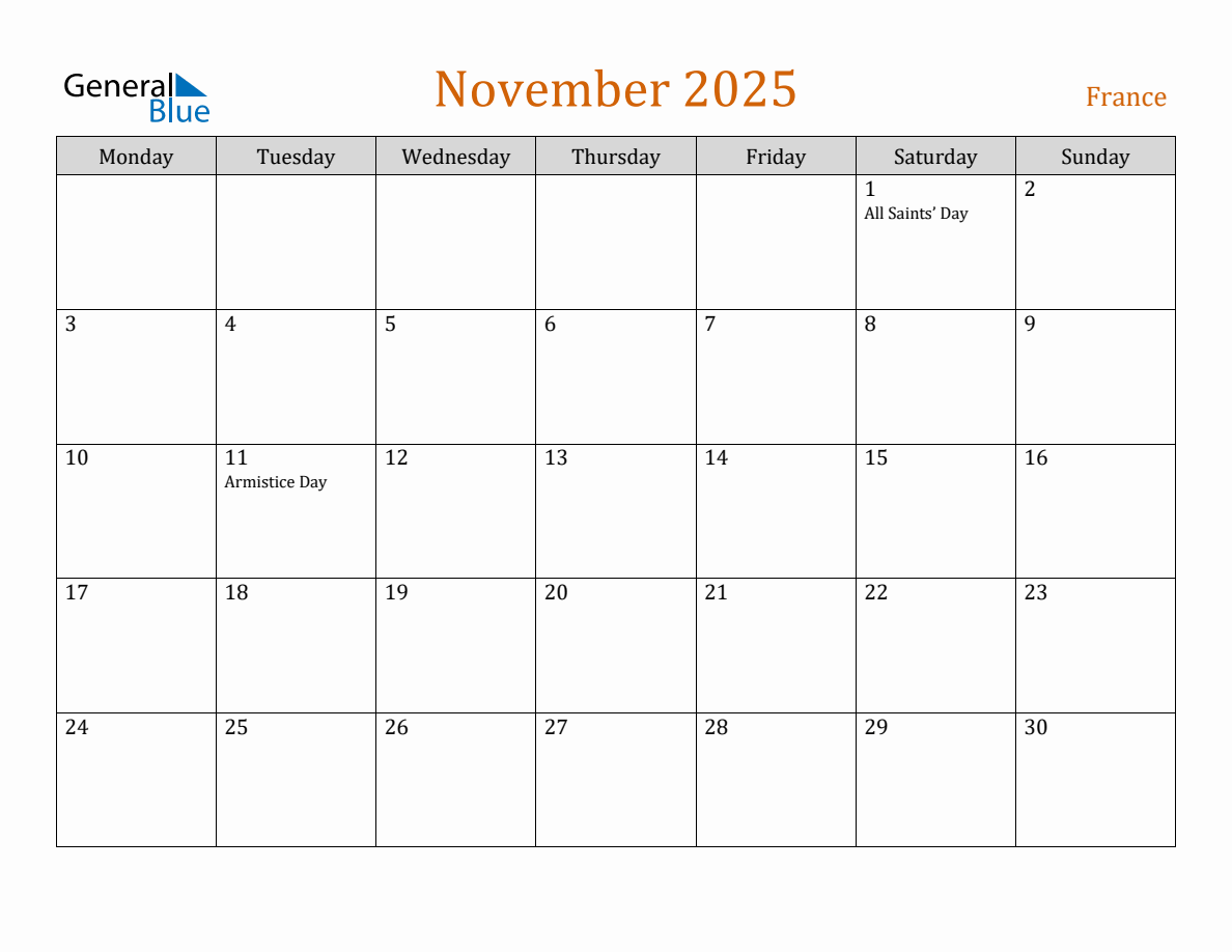 Free November 2025 France Calendar