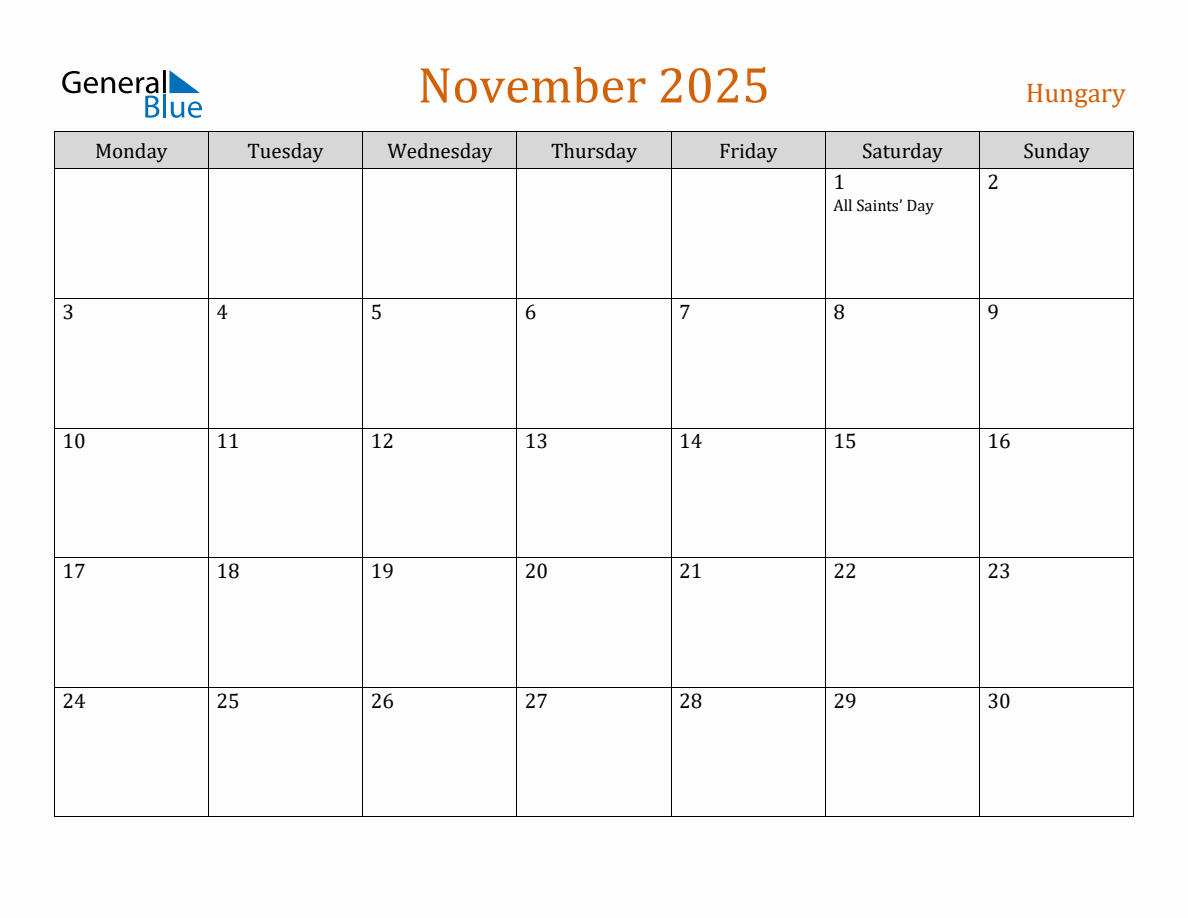 Free November 2025 Hungary Calendar