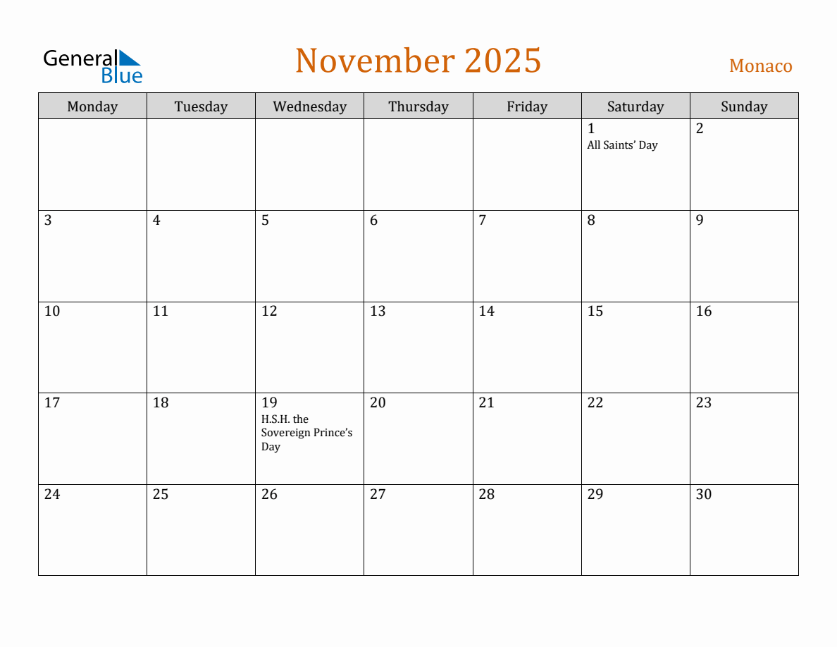 Free November 2025 Monaco Calendar