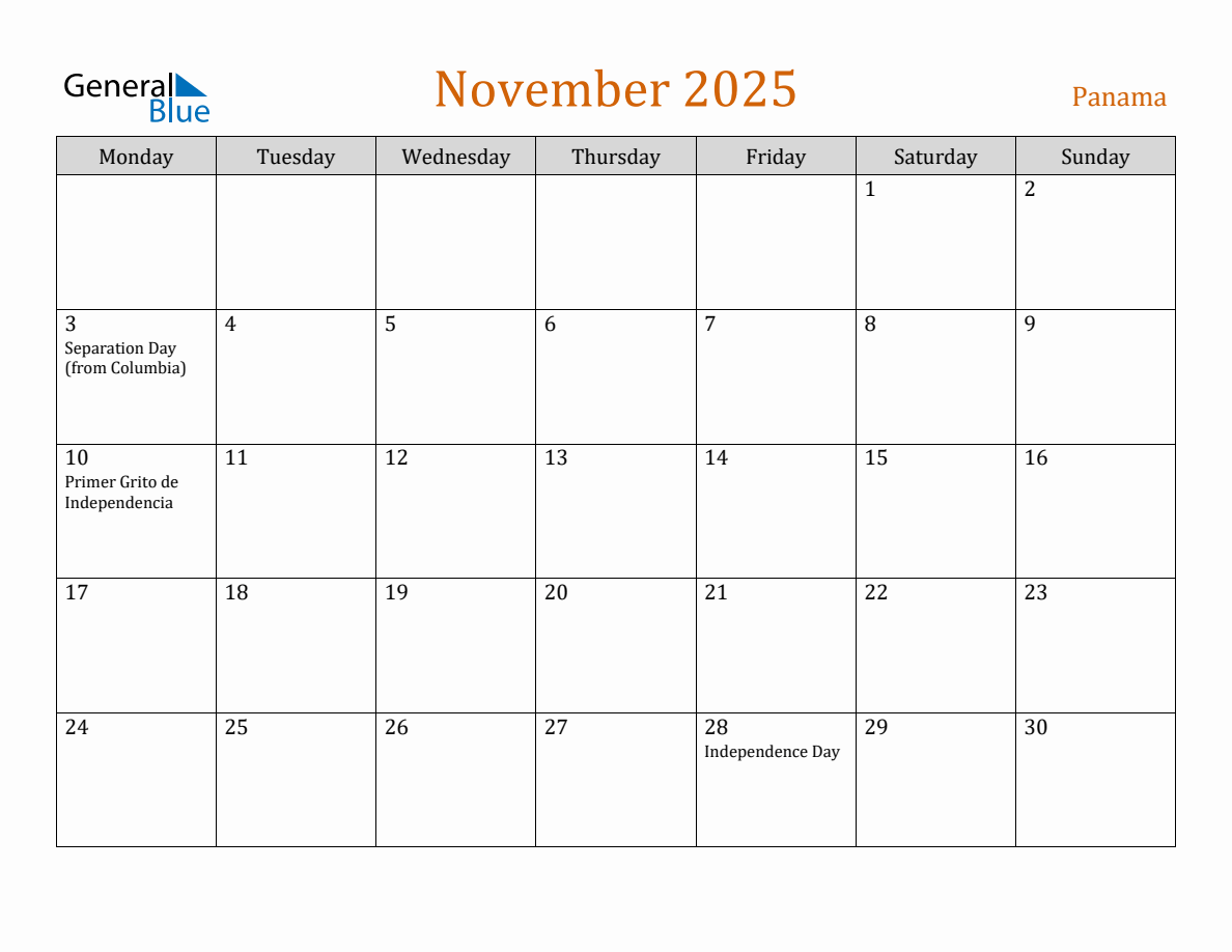 Free November 2025 Panama Calendar