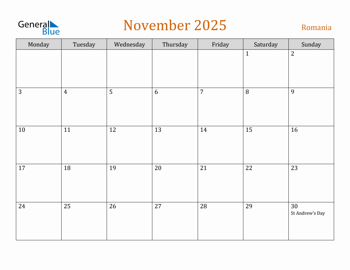 Free November 2025 Romania Calendar