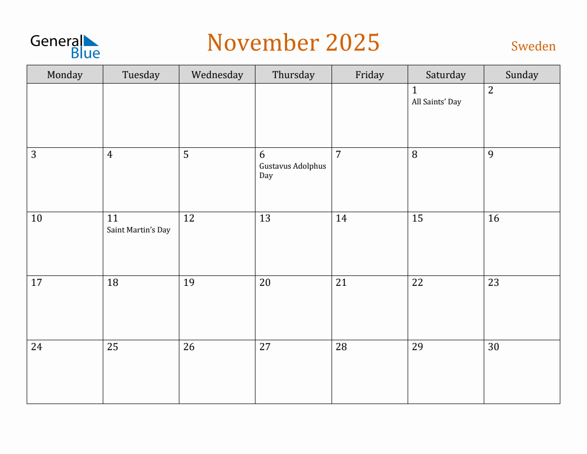 Free November 2025 Sweden Calendar