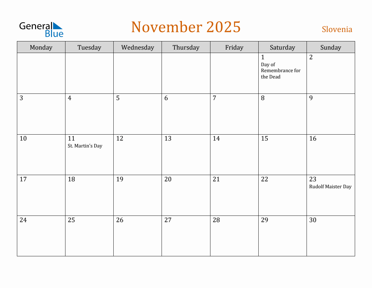 Free November 2025 Slovenia Calendar