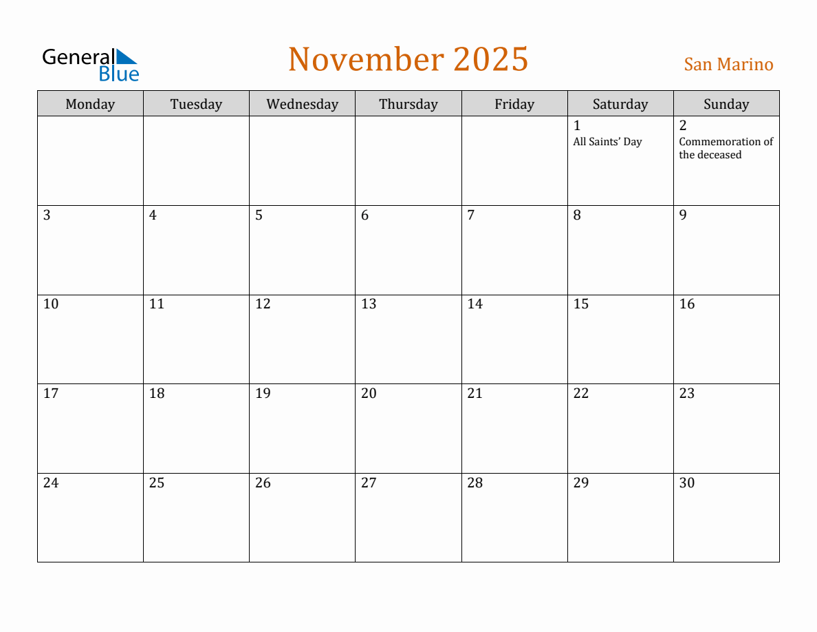 Free November 2025 San Marino Calendar