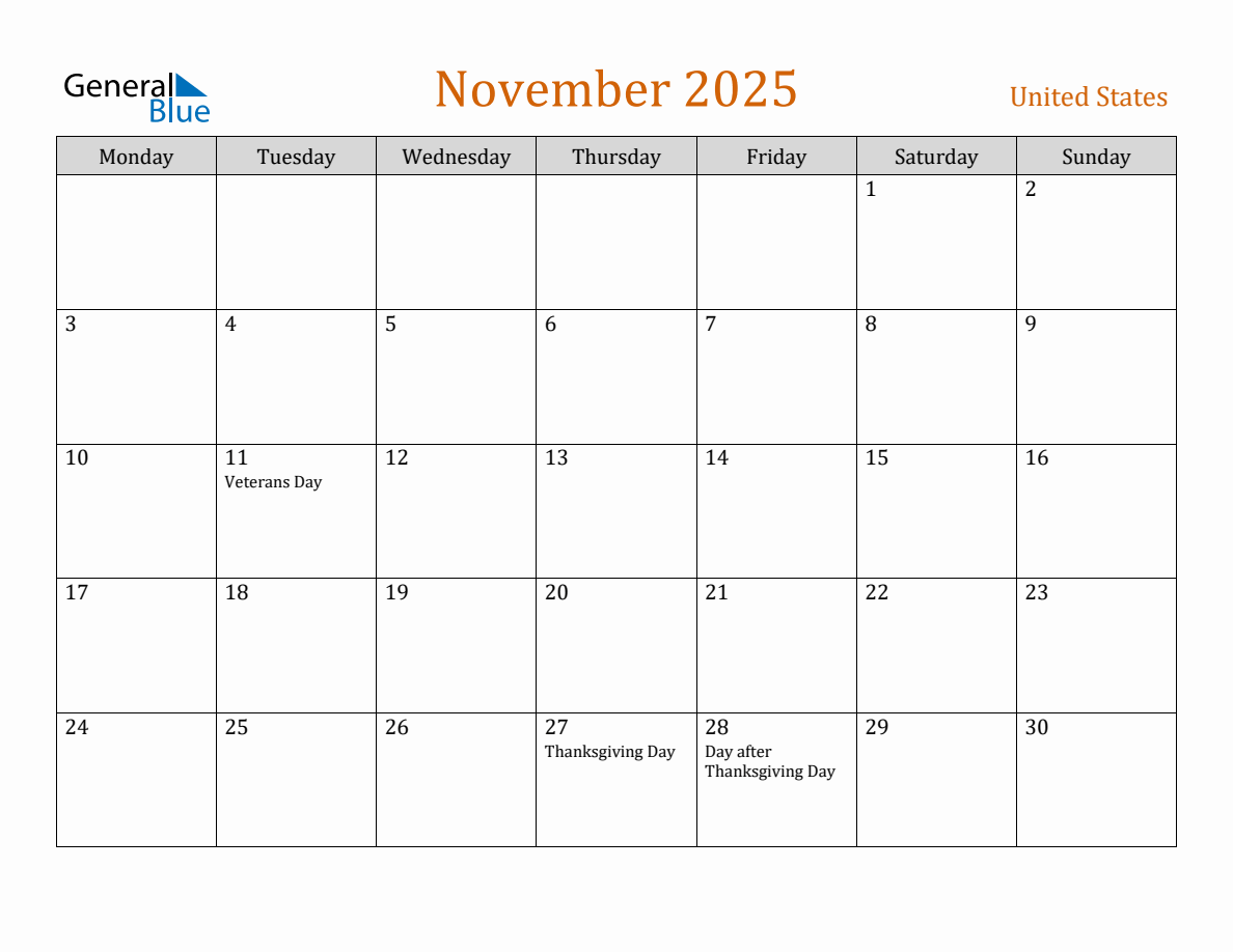 Free November 2025 United States Calendar