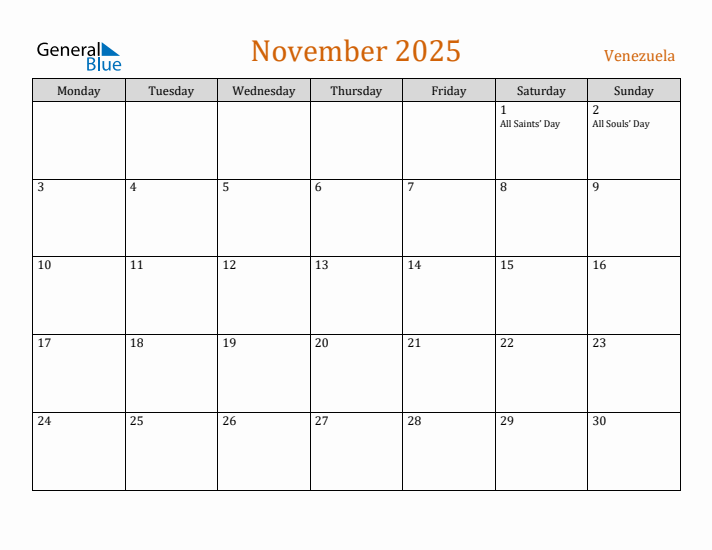 November 2025 Holiday Calendar with Monday Start