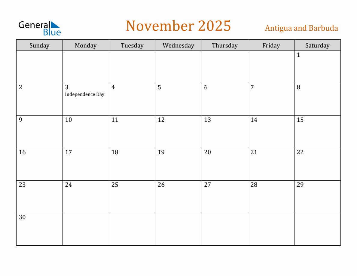 Free November 2025 Antigua and Barbuda Calendar