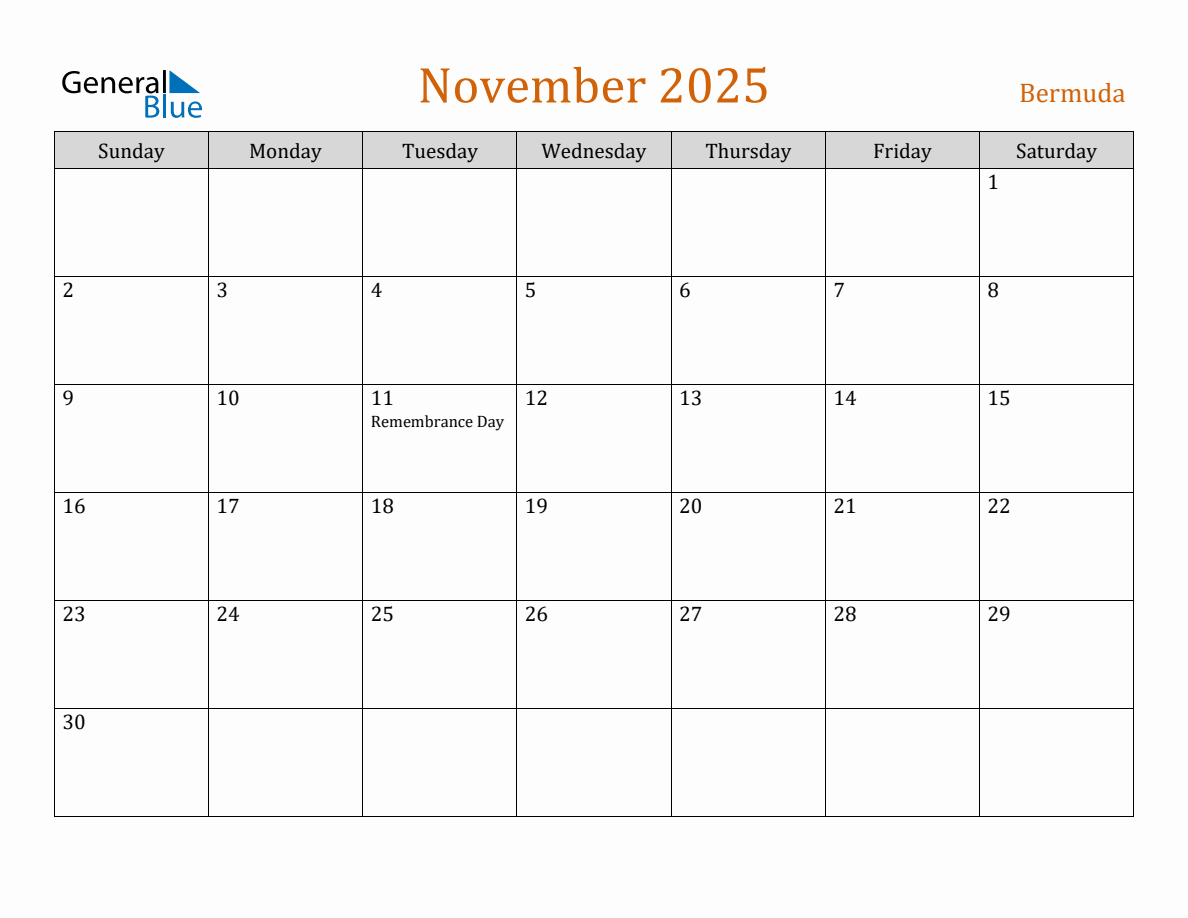 Free November 2025 Bermuda Calendar