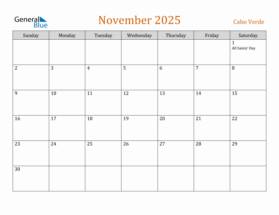 Free November 2025 Cabo Verde Calendar