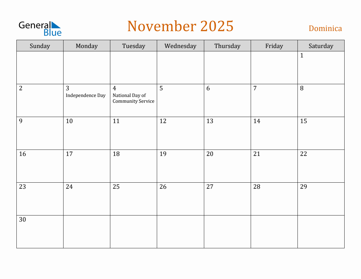 Free November 2025 Dominica Calendar