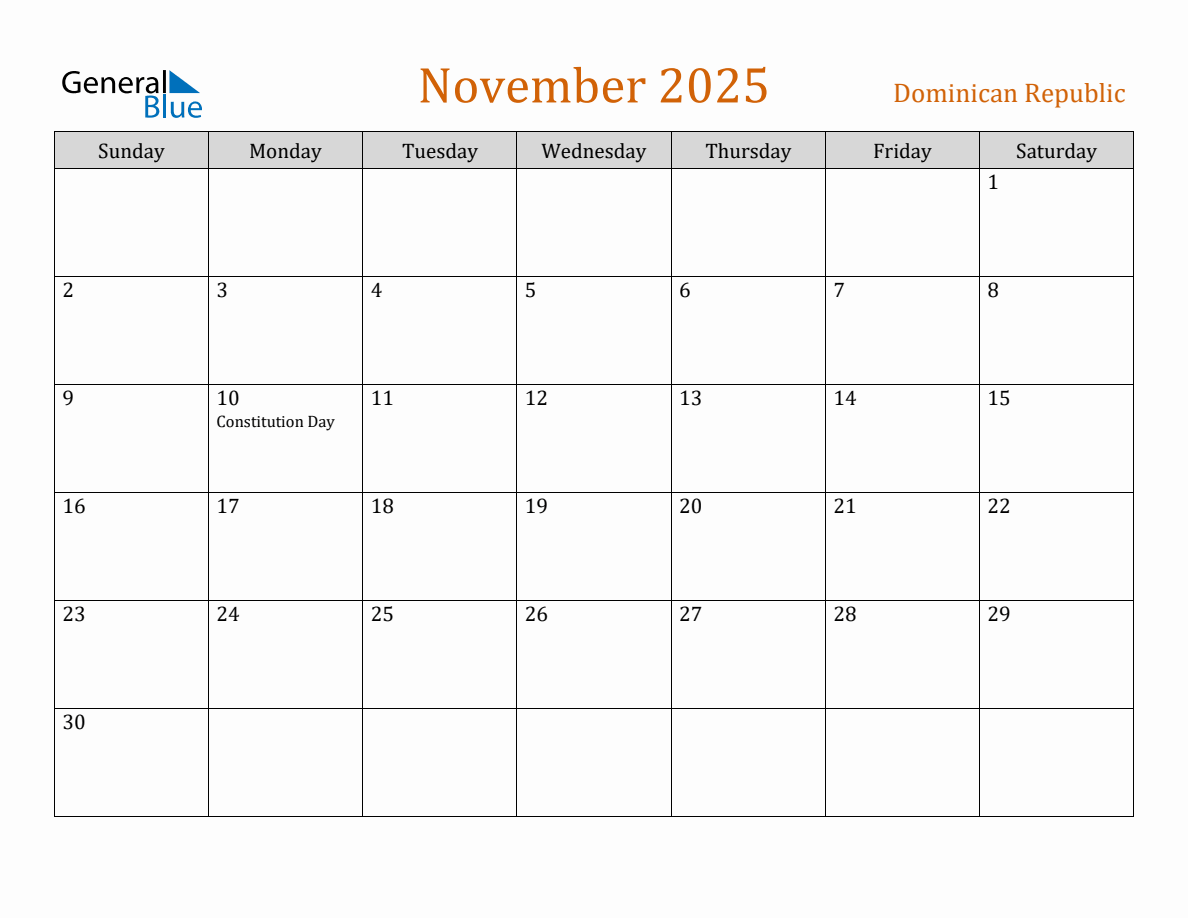 Free November 2025 Dominican Republic Calendar