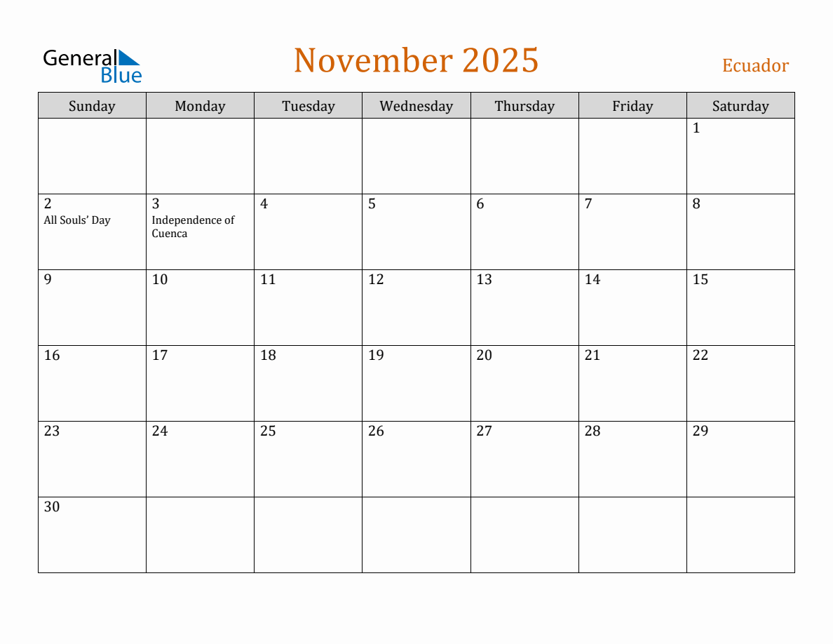 Free November 2025 Ecuador Calendar