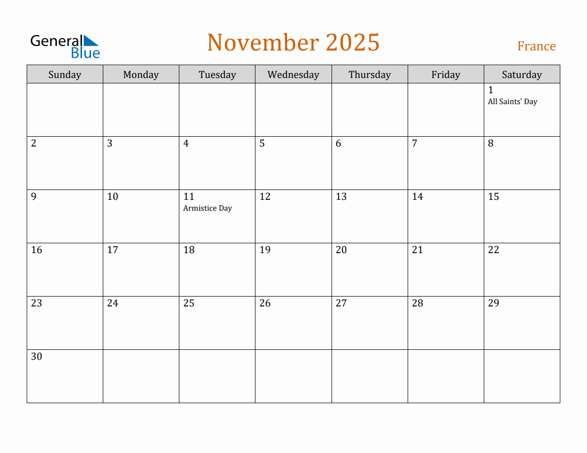 Free November 2025 France Calendar