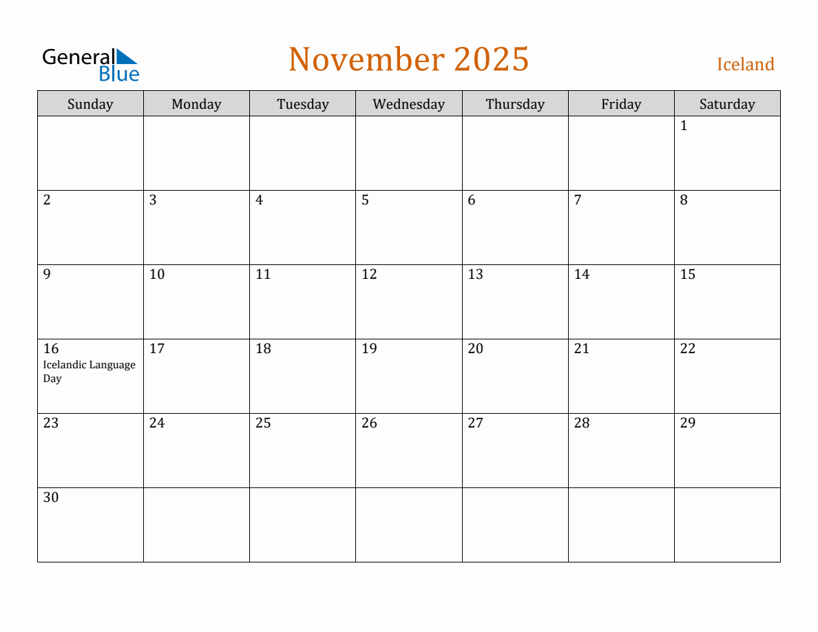 Free November 2025 Iceland Calendar