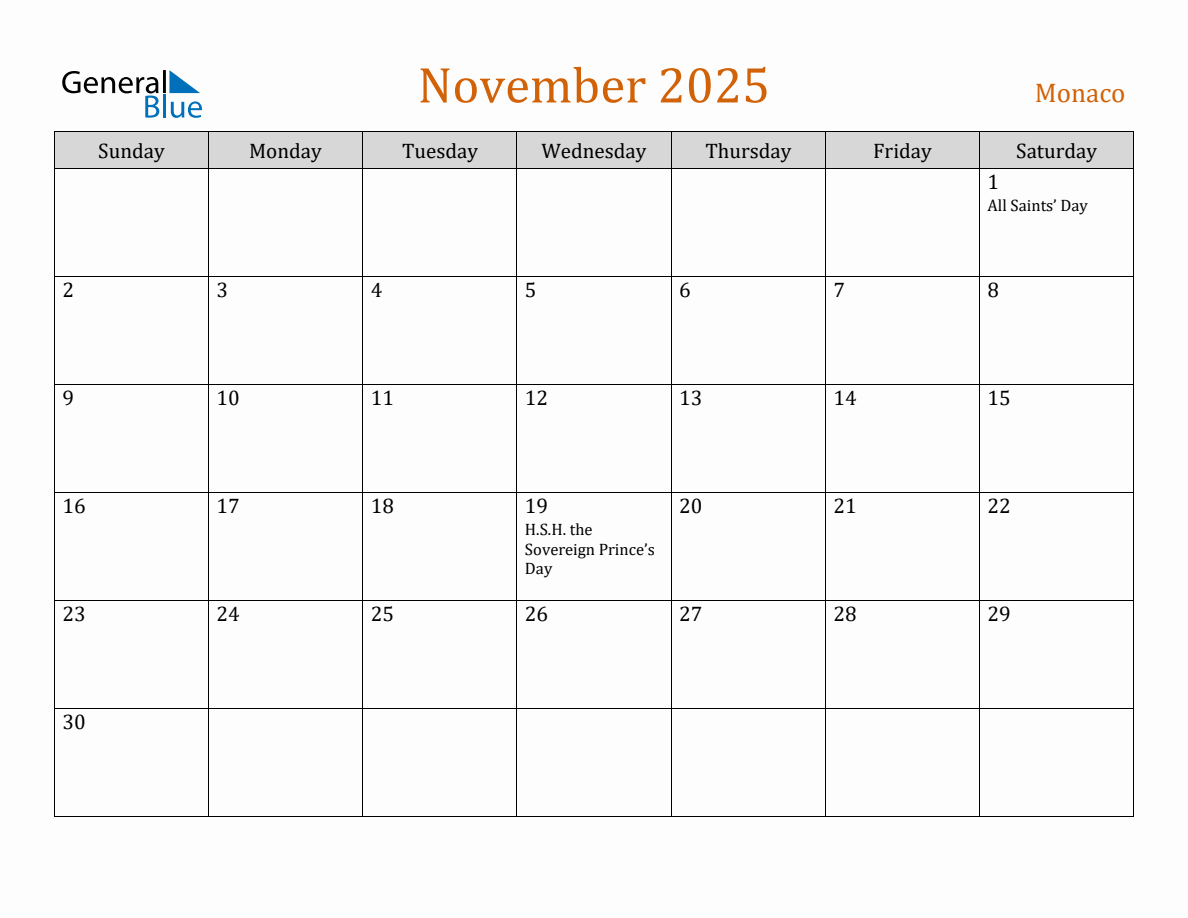 Free November 2025 Monaco Calendar