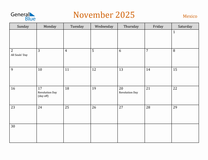 Free November 2025 Mexico Calendar