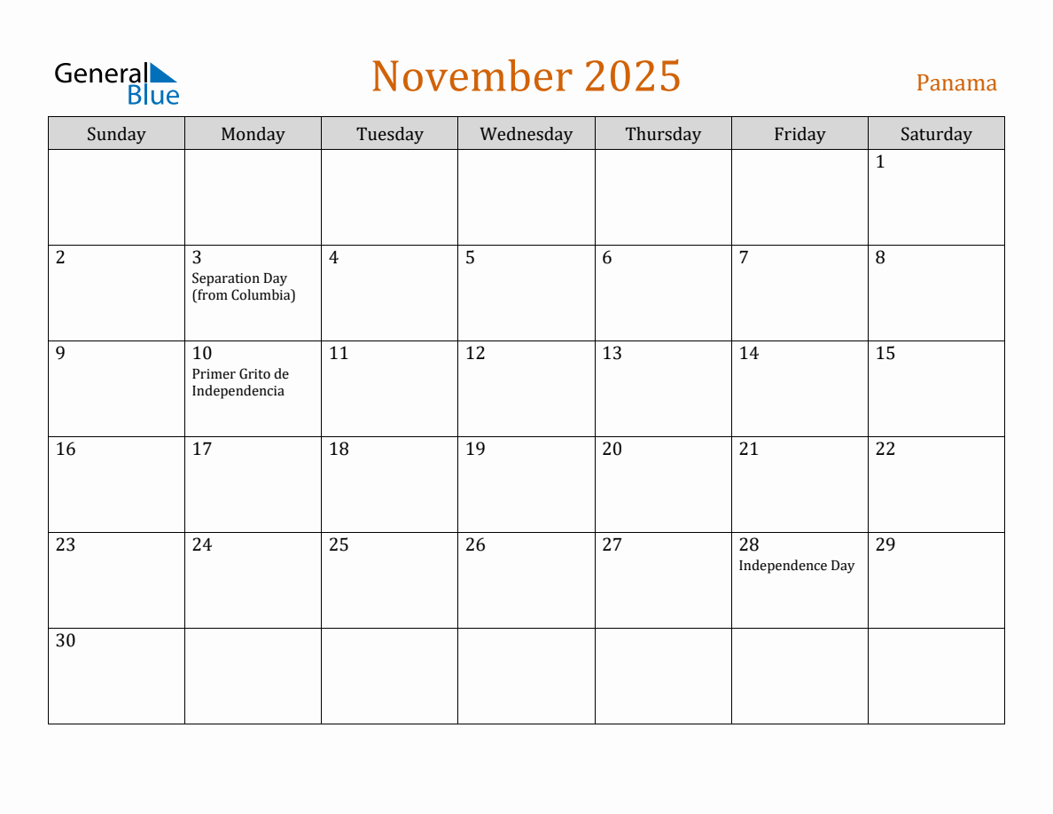 Free November 2025 Panama Calendar