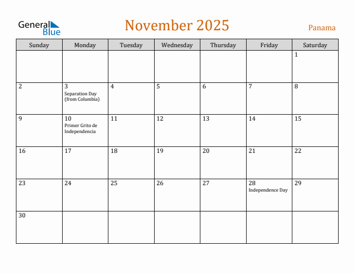 Free November 2025 Panama Calendar