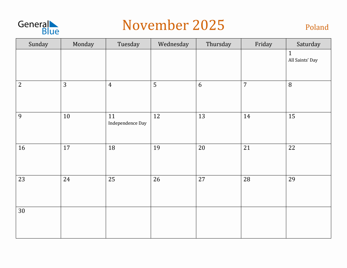 Free November 2025 Poland Calendar