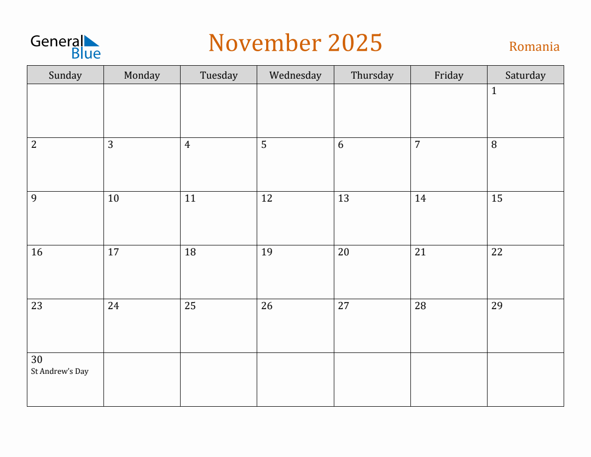 Free November 2025 Romania Calendar