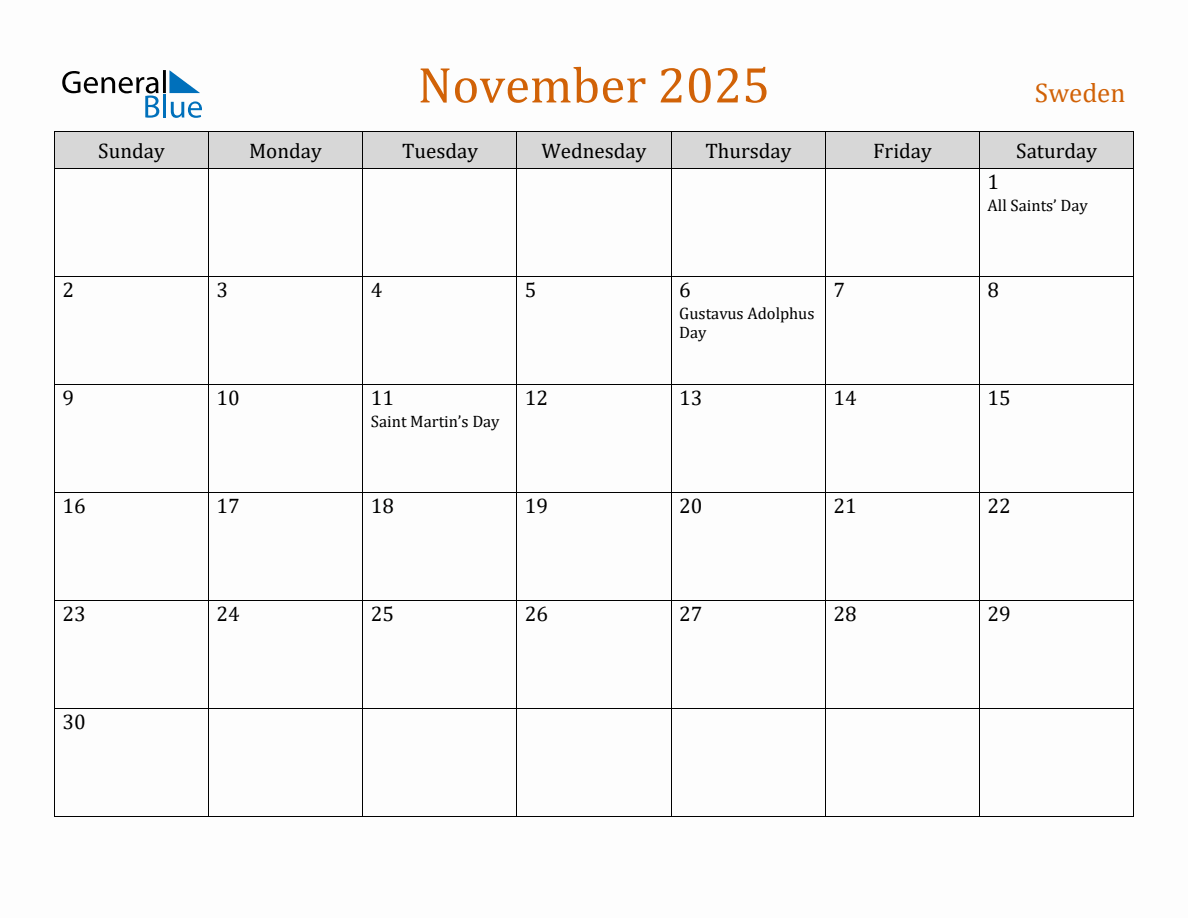 Free November 2025 Sweden Calendar