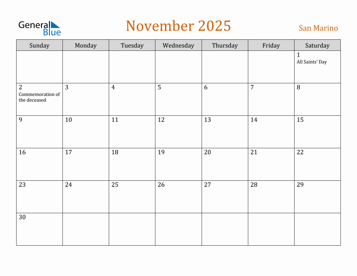 Free November 2025 San Marino Calendar