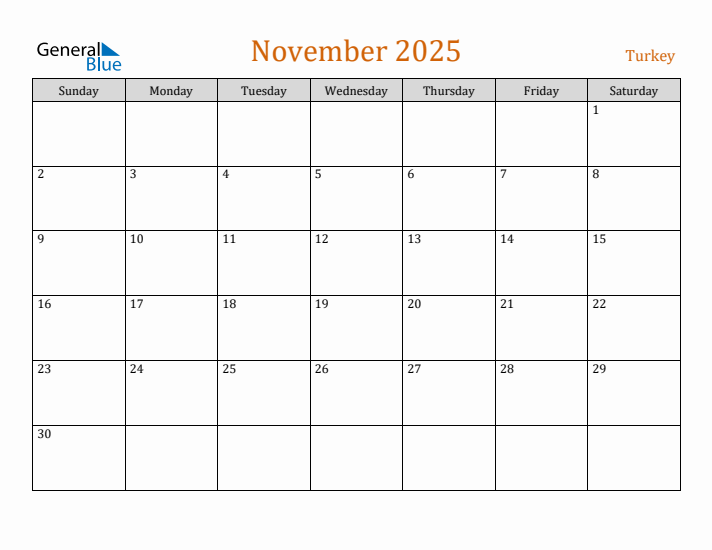 Free November 2025 Turkey Calendar