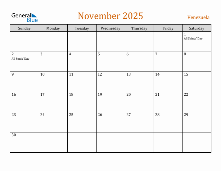 November 2025 Holiday Calendar with Sunday Start