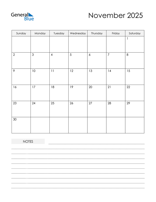 November 2025 Calendar (PDF Word Excel)