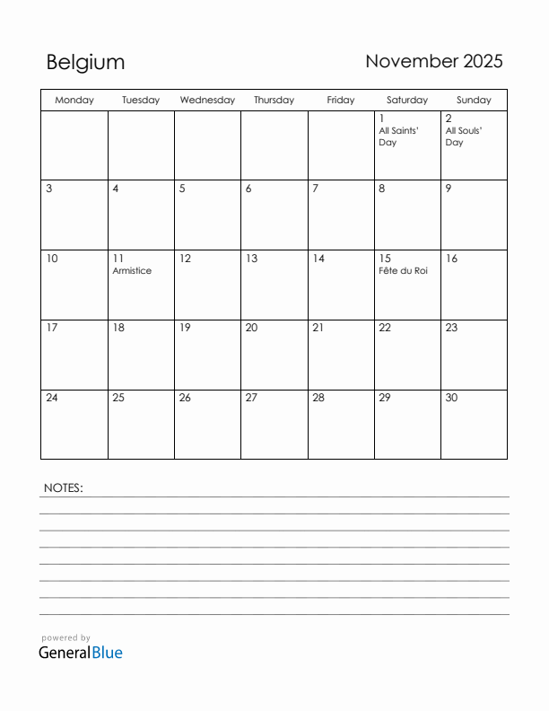 November 2025 Belgium Calendar with Holidays (Monday Start)