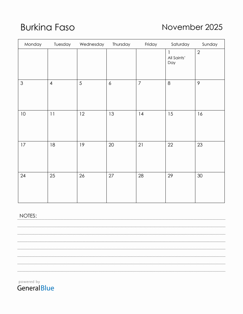 November 2025 Burkina Faso Calendar with Holidays