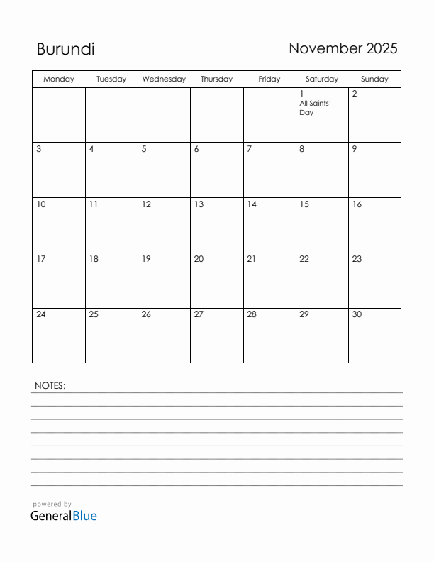 November 2025 Burundi Calendar with Holidays (Monday Start)