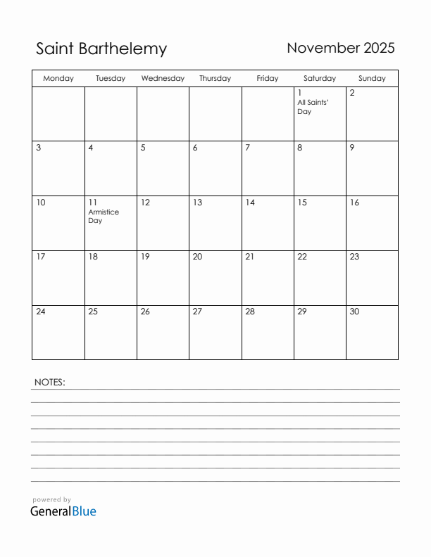 November 2025 Saint Barthelemy Calendar with Holidays (Monday Start)