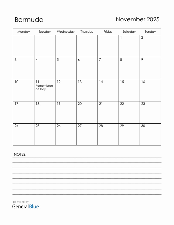 November 2025 Bermuda Calendar with Holidays (Monday Start)